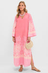 Hopewell Coral Printed V-Neck Lorena Caftan, a classic, effortless kaftan with botanical print, side slit, and bell sleeves, styled with fun accessories for a high-end look.