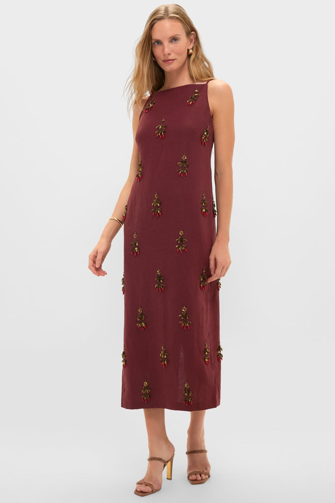 Pomegranate Linen Woven Straight Sleeveless Midi Dress