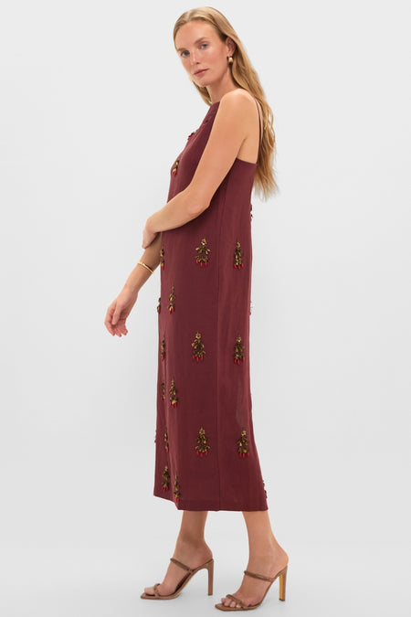 Pomegranate Linen Woven Straight Sleeveless Midi Dress