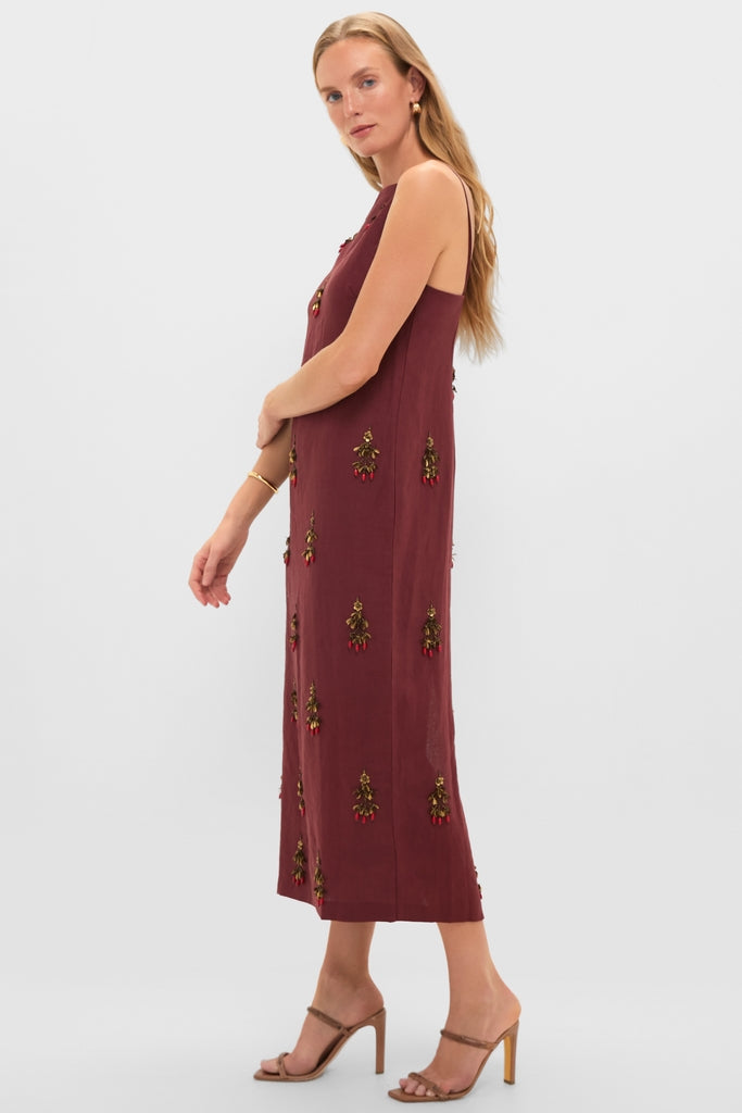 Pomegranate Linen Woven Straight Sleeveless Midi Dress