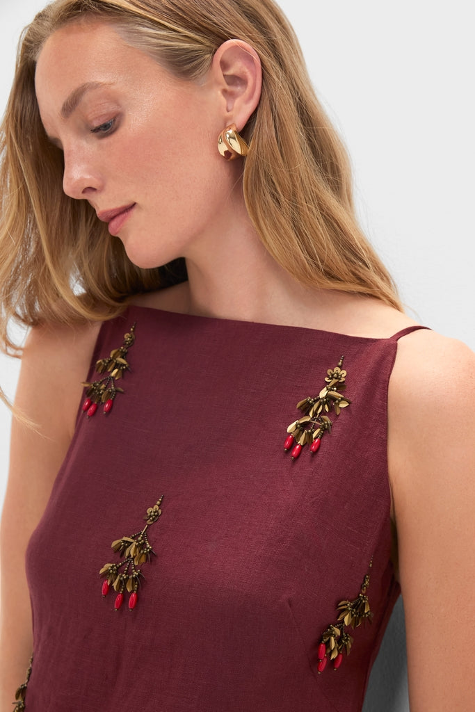 Pomegranate Linen Woven Straight Sleeveless Midi Dress