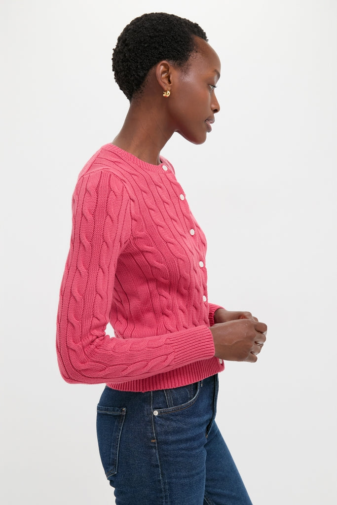 Classic Nantucket Red Cardigan with cable-knit detailing and ribbed trim, offering an effortless, high-end look. Perfect with jeans for a fun, confident style.