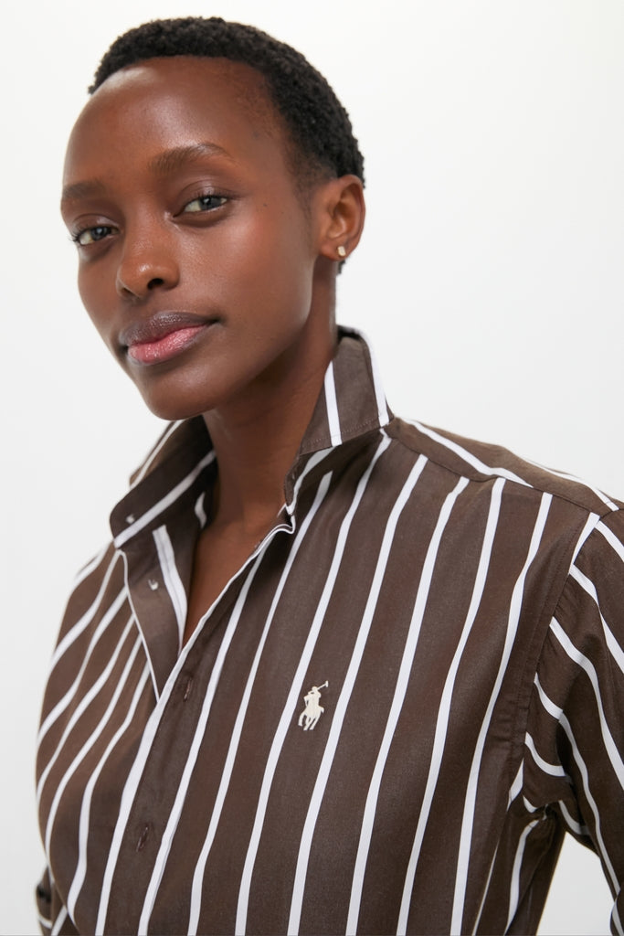 Classic and high-end, the Dark Brown and White Stripe Long Sleeve Button Down features the Polo Ralph Lauren logo, offering an effortless, fun style with a turned-up collar.