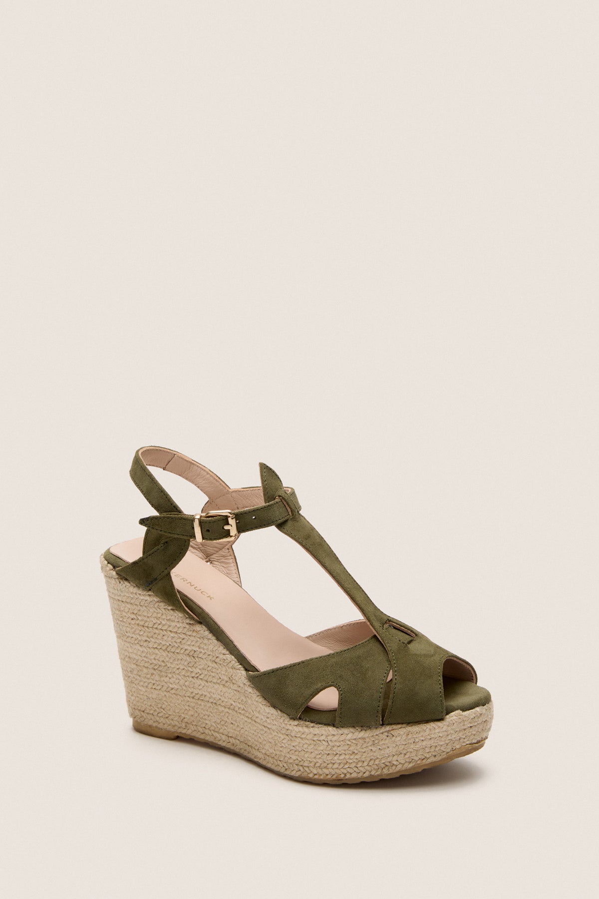 Clover Suede Jules Espadrilles: Effortlessly cool wedge sandal with a classic olive-green suede T-strap, peep-toe, and jute platform, perfect for fun, high-end styling.