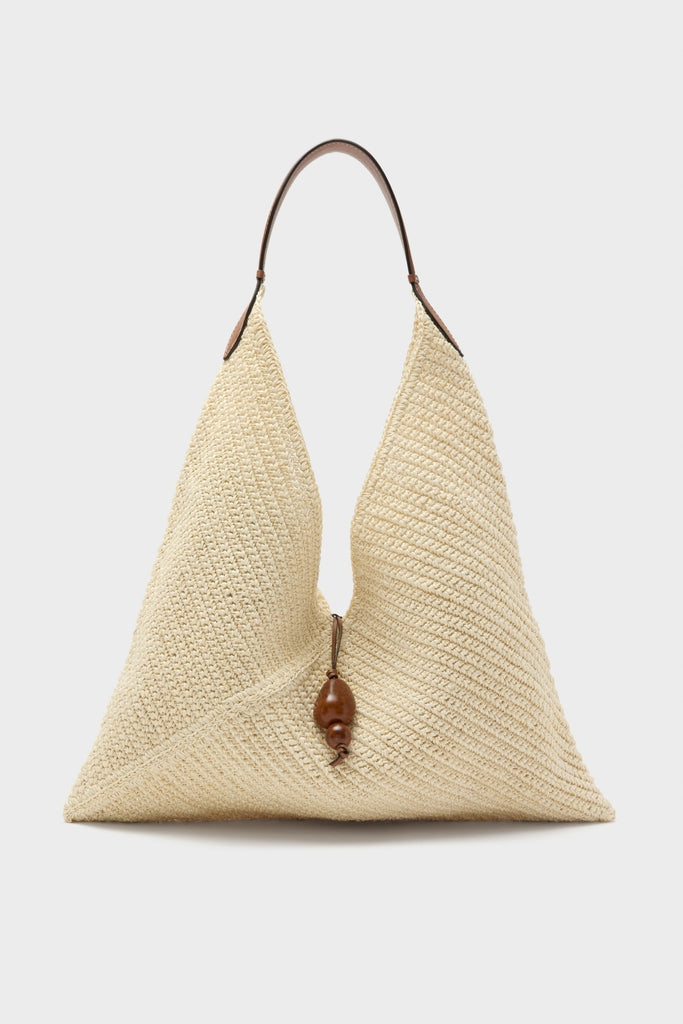 Natural Fique Large Origami Shoulder Bag—a classic, effortless beach-style tote with a triangular woven body, slim handle, and wooden bead detail for a high-end, fun look.