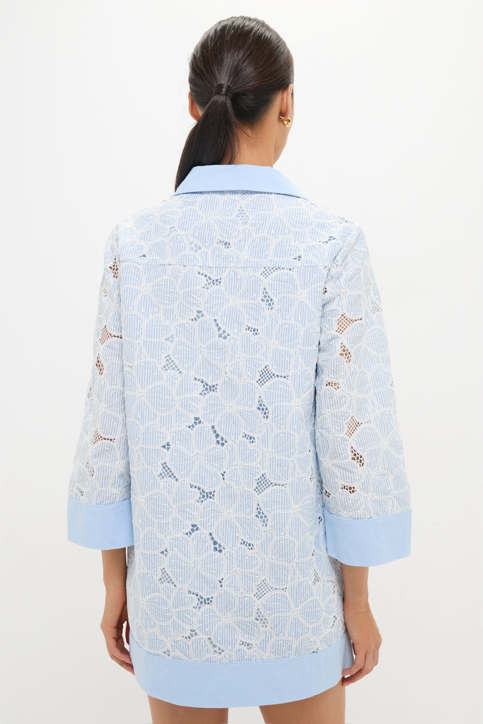 Blue Floral Lace Collier Dress, classic and effortless, with a solid blue collar and cuffs. Features three-quarter sleeves, floral lace detail, perfect for high-end, fun occasions.