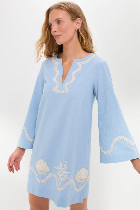 Blue Seersucker Embroidered Marcelle Dress
