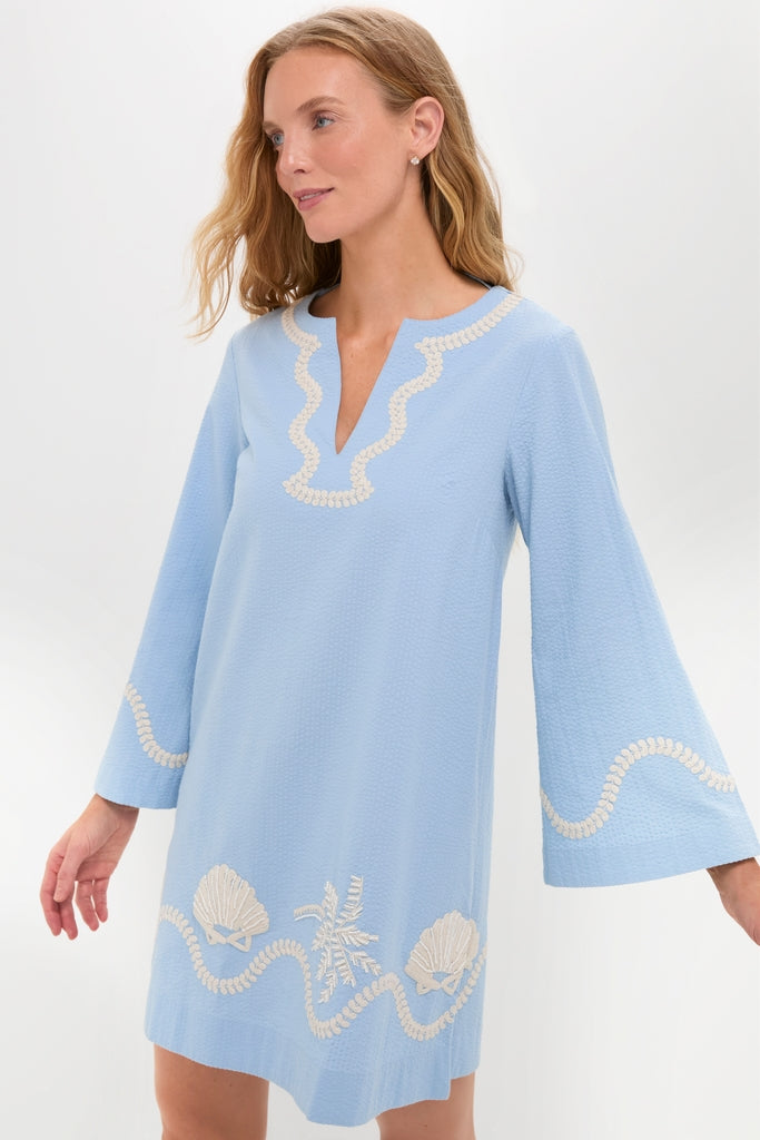 Blue Seersucker Embroidered Marcelle Dress