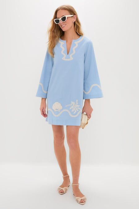 Blue Seersucker Embroidered Marcelle Dress
