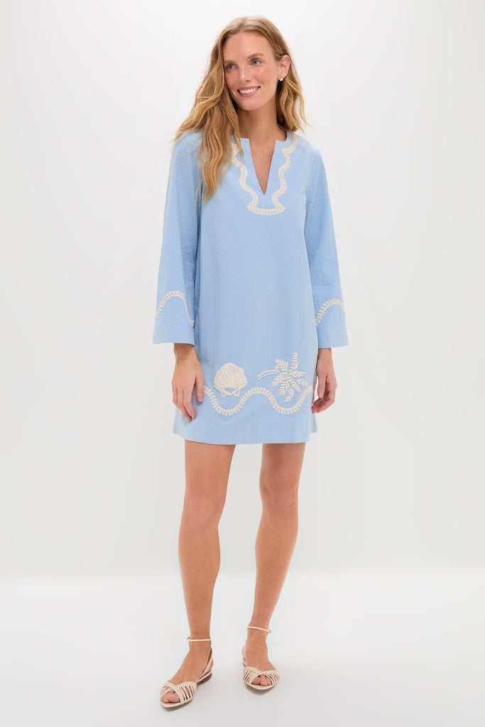 Blue Seersucker Embroidered Marcelle Dress