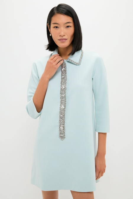 Ice Blue Embellished Nicola Dress featuring a classic, effortless A-line design with metallic-beaded trim; perfect for fun, high-end occasions.