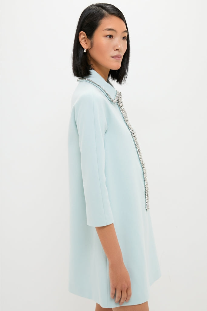 Young woman in profile wearing the classic, effortless Ice Blue Embellished Nicola Dress with sparkly trim and a boxy fit, exuding high-end style.