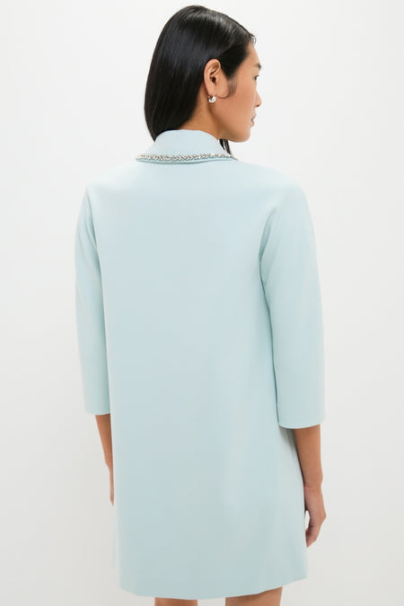 Woman in a classic, effortless Ice Blue Embellished Nicola Dress with three-quarter sleeves, showcasing a decorative neckline trim, embodying a high-end, fun style.