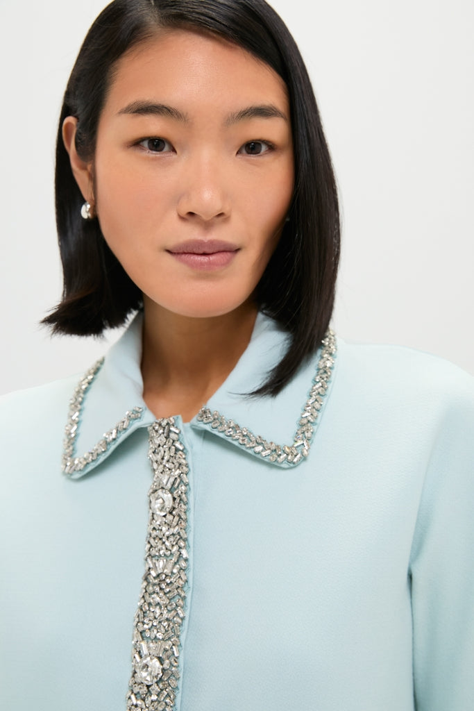 Effortless elegance in the Ice Blue Embellished Nicola Dress, featuring a classic spread collar and jeweled placket, perfect for high-end, fun occasions.