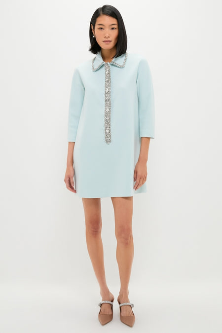 Model in an Ice Blue Embellished Nicola Dress with a classic A-line silhouette, featuring a shimmering embellished collar and placket, paired with effortless crystal-embellished tan flats.