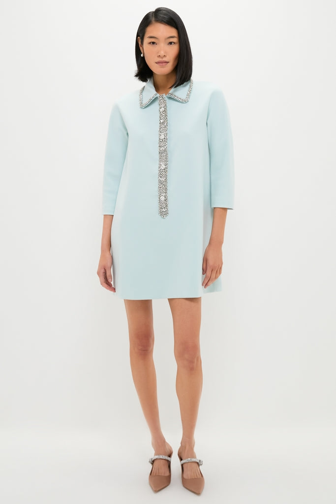 Model in an Ice Blue Embellished Nicola Dress with a classic A-line silhouette, featuring a shimmering embellished collar and placket, paired with effortless crystal-embellished tan flats.