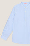 Blue Stripe Mateo Long Sleeve Shirt with a mandarin collar, classic chest pocket, and button-tab sleeves, offering an effortless, high-end look for fun, smart-casual occasions.