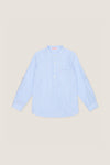 Blue Stripe Mateo Long Sleeve Shirt with a mandarin collar, chest pocket, and button-adjustable sleeves. A classic, effortless style for kids by La Coqueta.