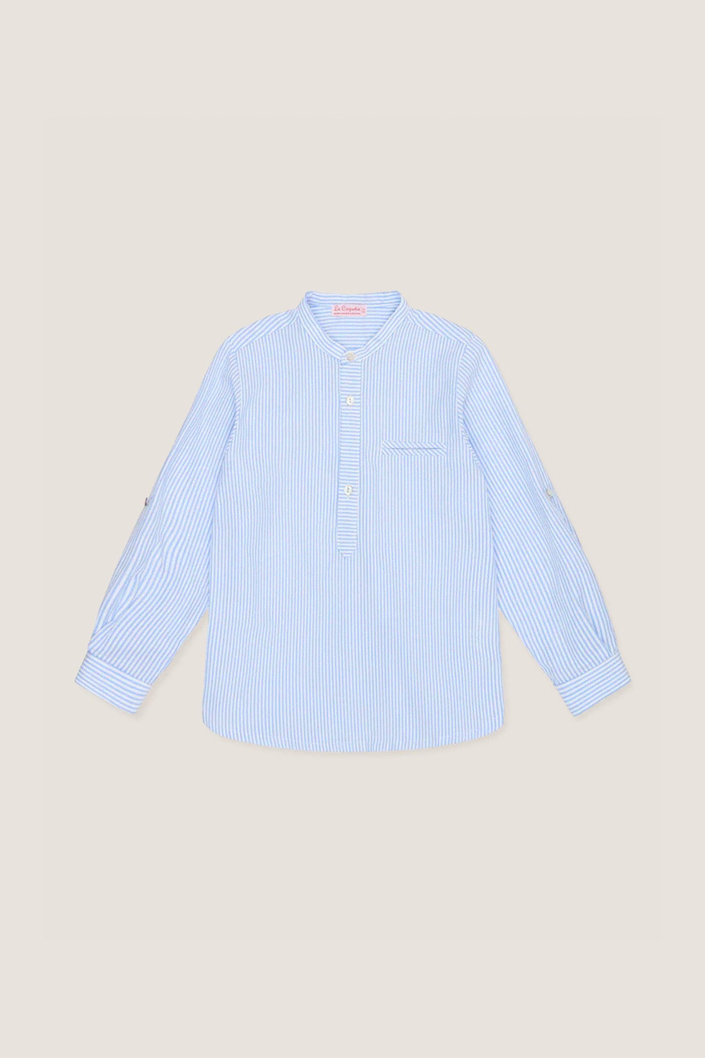 Blue Stripe Mateo Long Sleeve Shirt with a mandarin collar, chest pocket, and button-adjustable sleeves. A classic, effortless style for kids by La Coqueta.