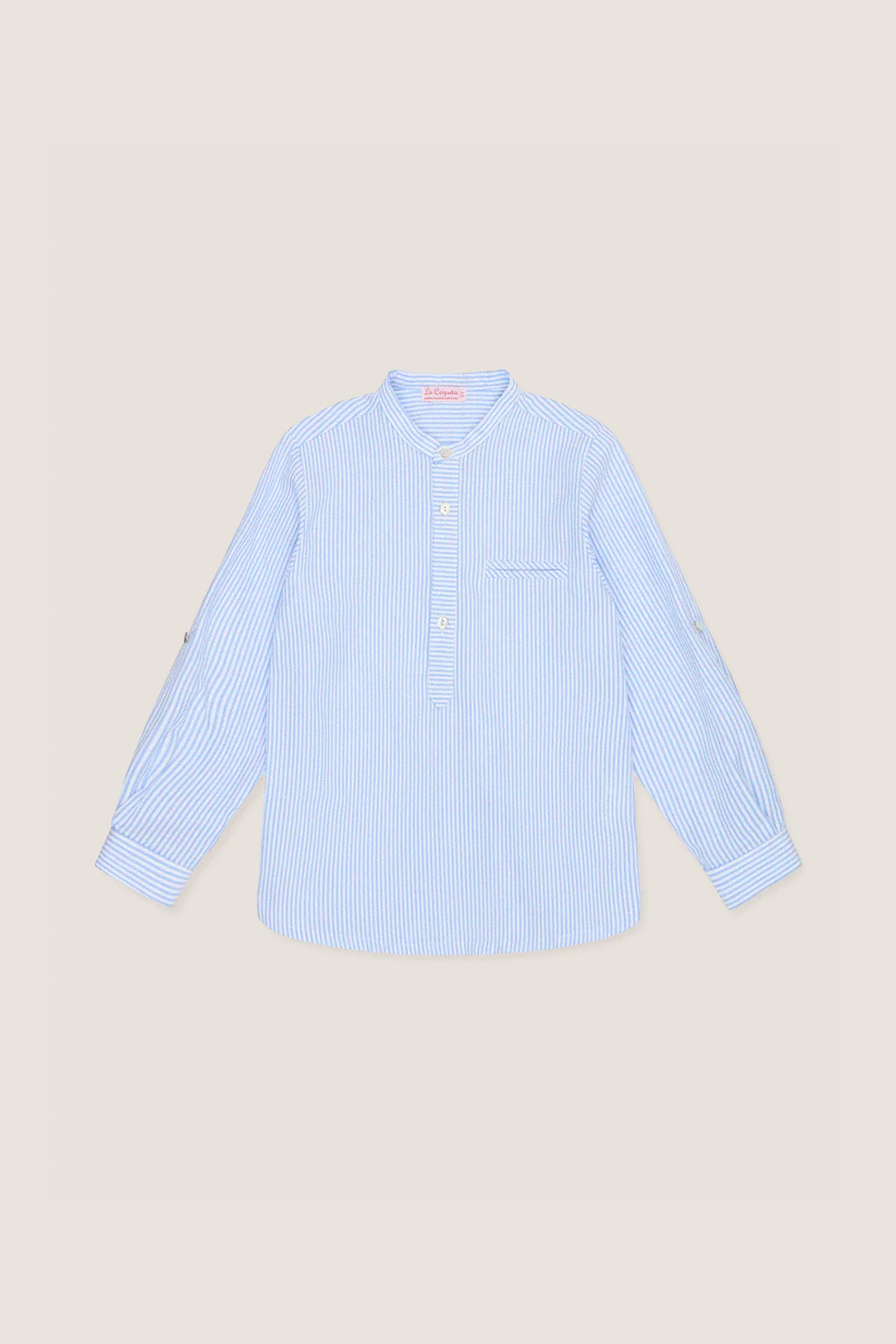 Blue Stripe Mateo Long Sleeve Shirt with a mandarin collar, chest pocket, and button-adjustable sleeves. A classic, effortless style for kids by La Coqueta.