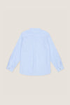 Blue Stripe Mateo Long Sleeve Shirt with a classic mandarin collar, box pleat, and buttoned cuffs, laid flat for an effortless, high-end, and fun style.