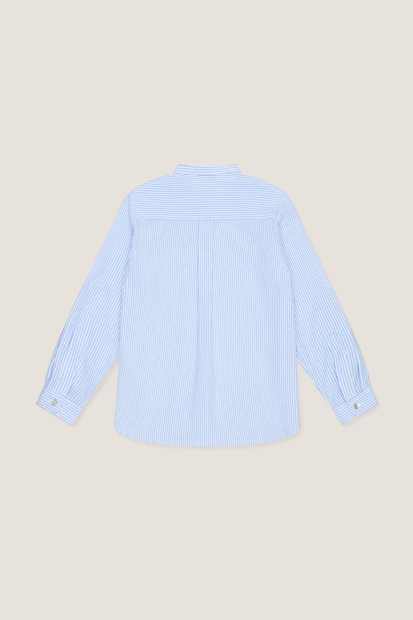 Blue Stripe Mateo Long Sleeve Shirt with a classic mandarin collar, box pleat, and buttoned cuffs, laid flat for an effortless, high-end, and fun style.