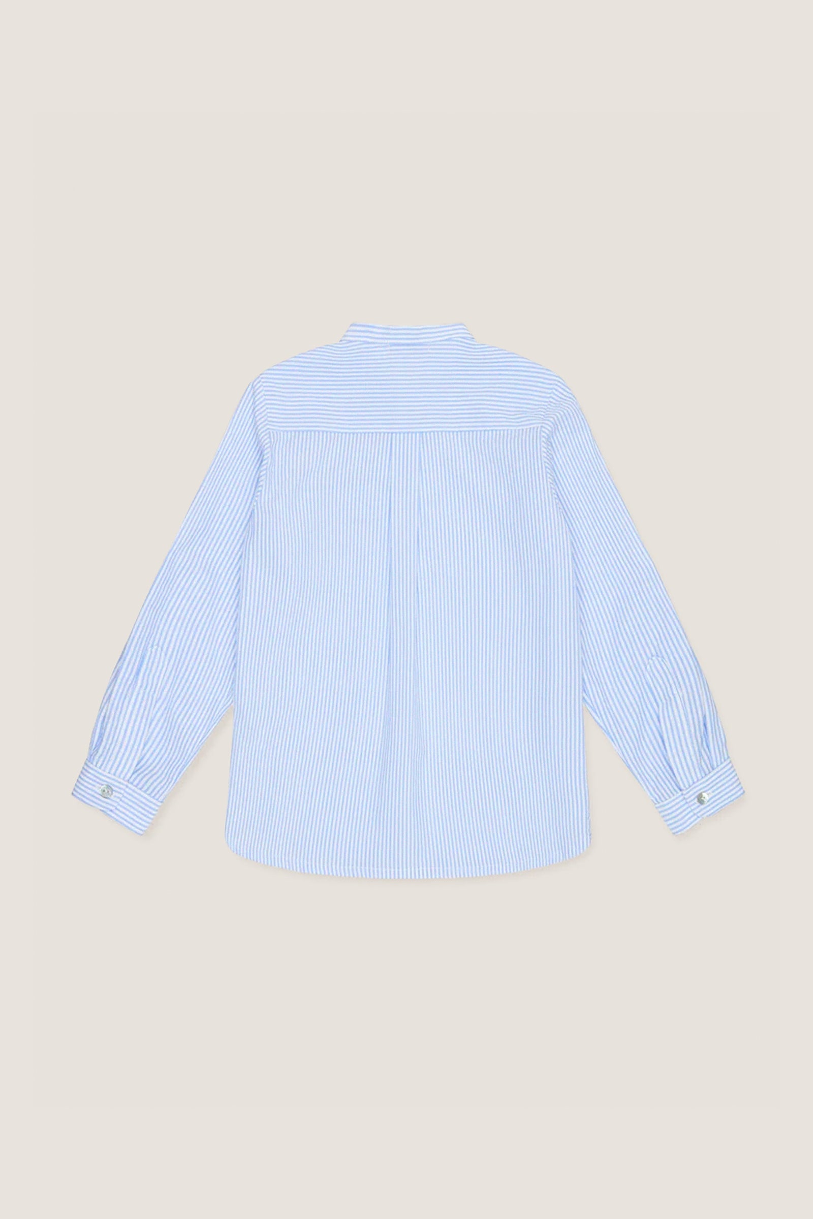 Blue Stripe Mateo Long Sleeve Shirt with a classic mandarin collar, box pleat, and buttoned cuffs, laid flat for an effortless, high-end, and fun style.