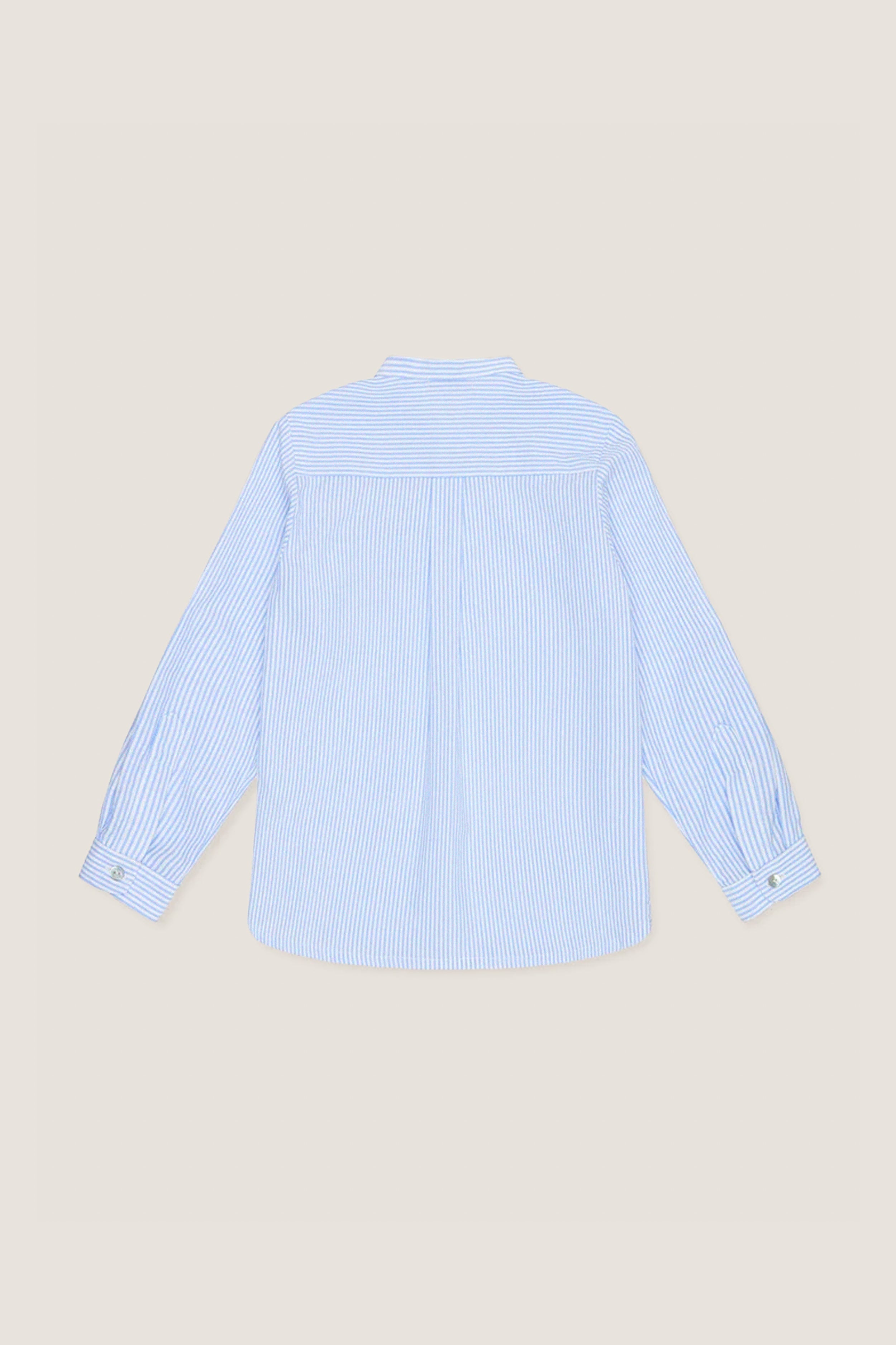Blue Stripe Mateo Long Sleeve Shirt with a classic mandarin collar, box pleat, and buttoned cuffs, laid flat for an effortless, high-end, and fun style.