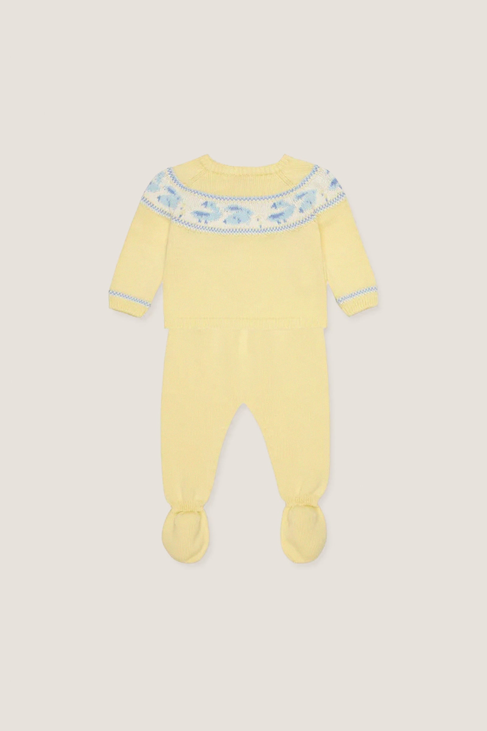 Lemon Kayra Cotton Baby Knitted Set: Classic, high-end two-piece with intarsia motifs, featuring a button-front sweater and effortless footed leggings for fun, comfortable wear.