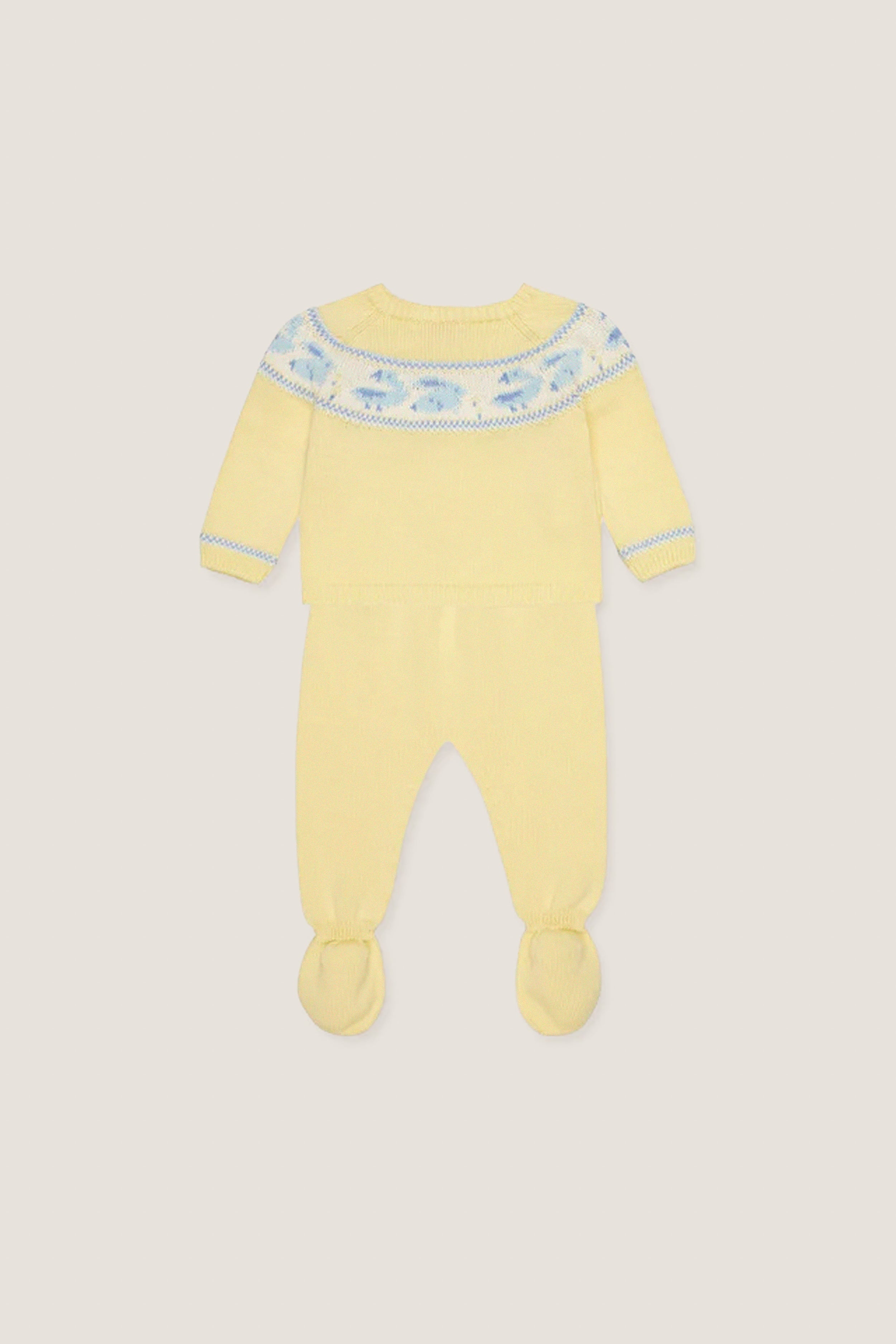 Lemon Kayra Cotton Baby Knitted Set: Classic, high-end two-piece with intarsia motifs, featuring a button-front sweater and effortless footed leggings for fun, comfortable wear.