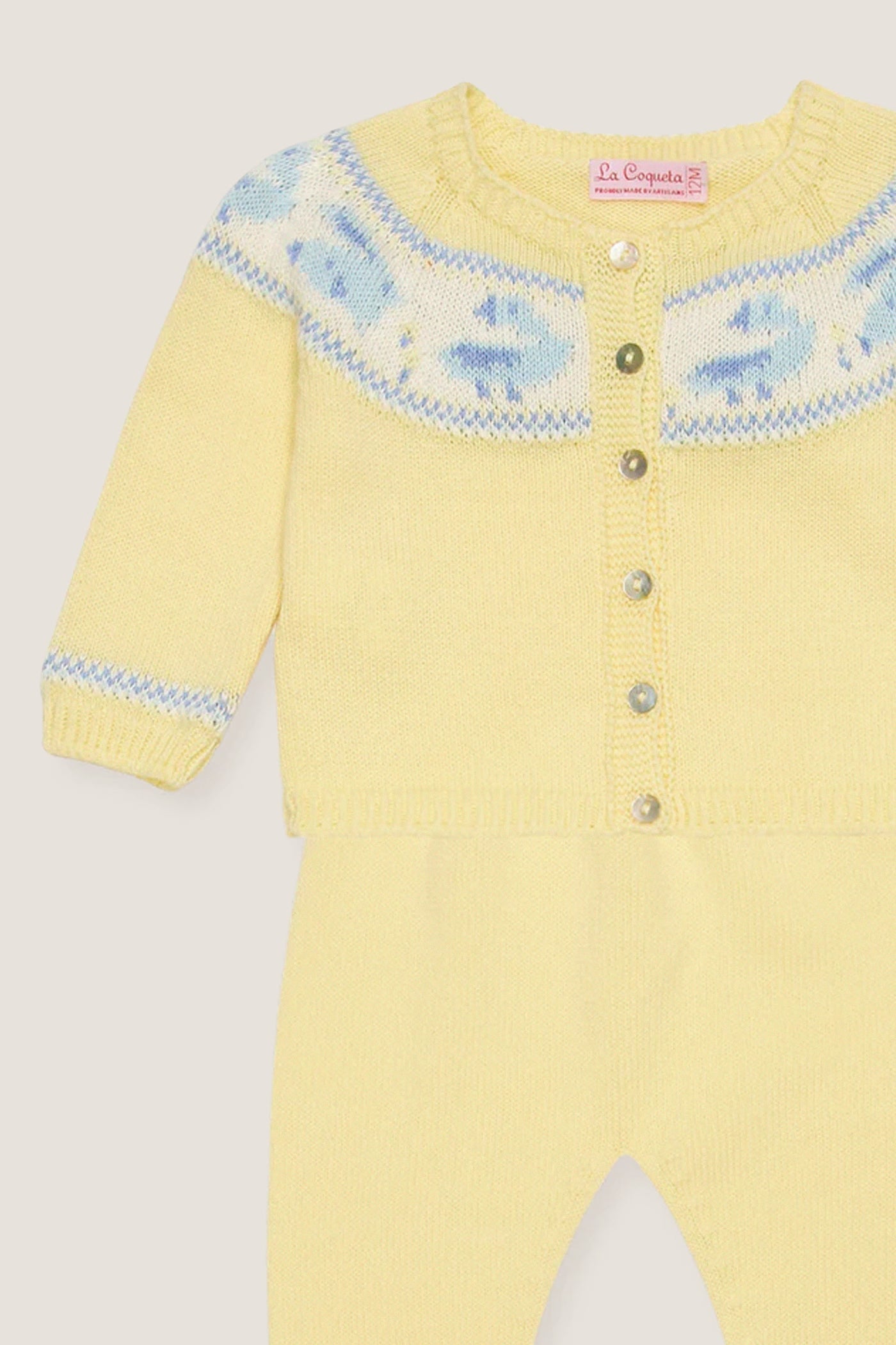 Lemon Kayra Cotton Baby Knitted Set: Classic, high-end two-piece with a fair-isle cardigan and footed leggings. Effortless style for fun, comfortable baby wear.