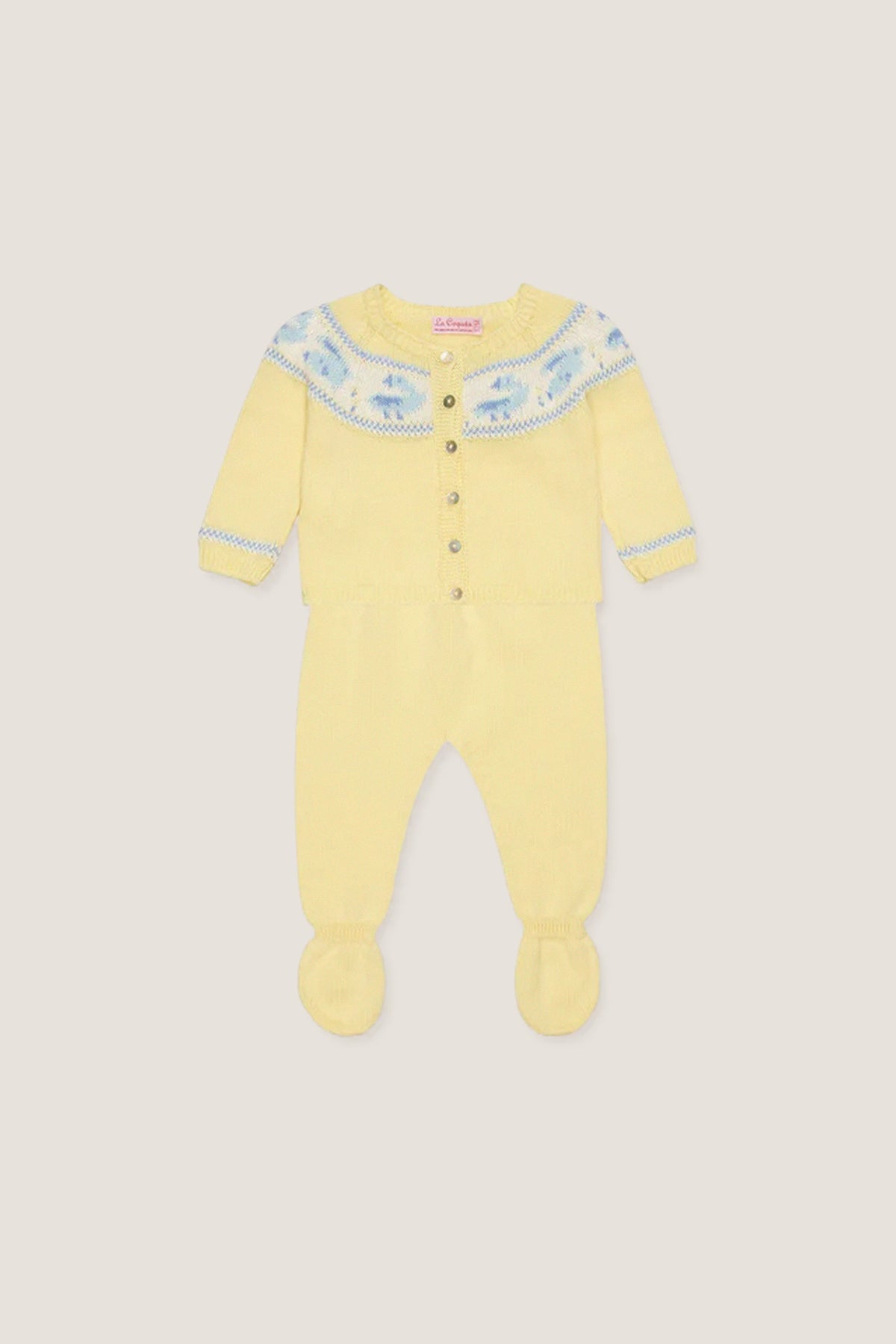 Lemon Kayra Cotton Baby Knitted Set: classic, effortless style with a fun Fair Isle cardigan and matching footed pants, offering high-end comfort and playful motifs.