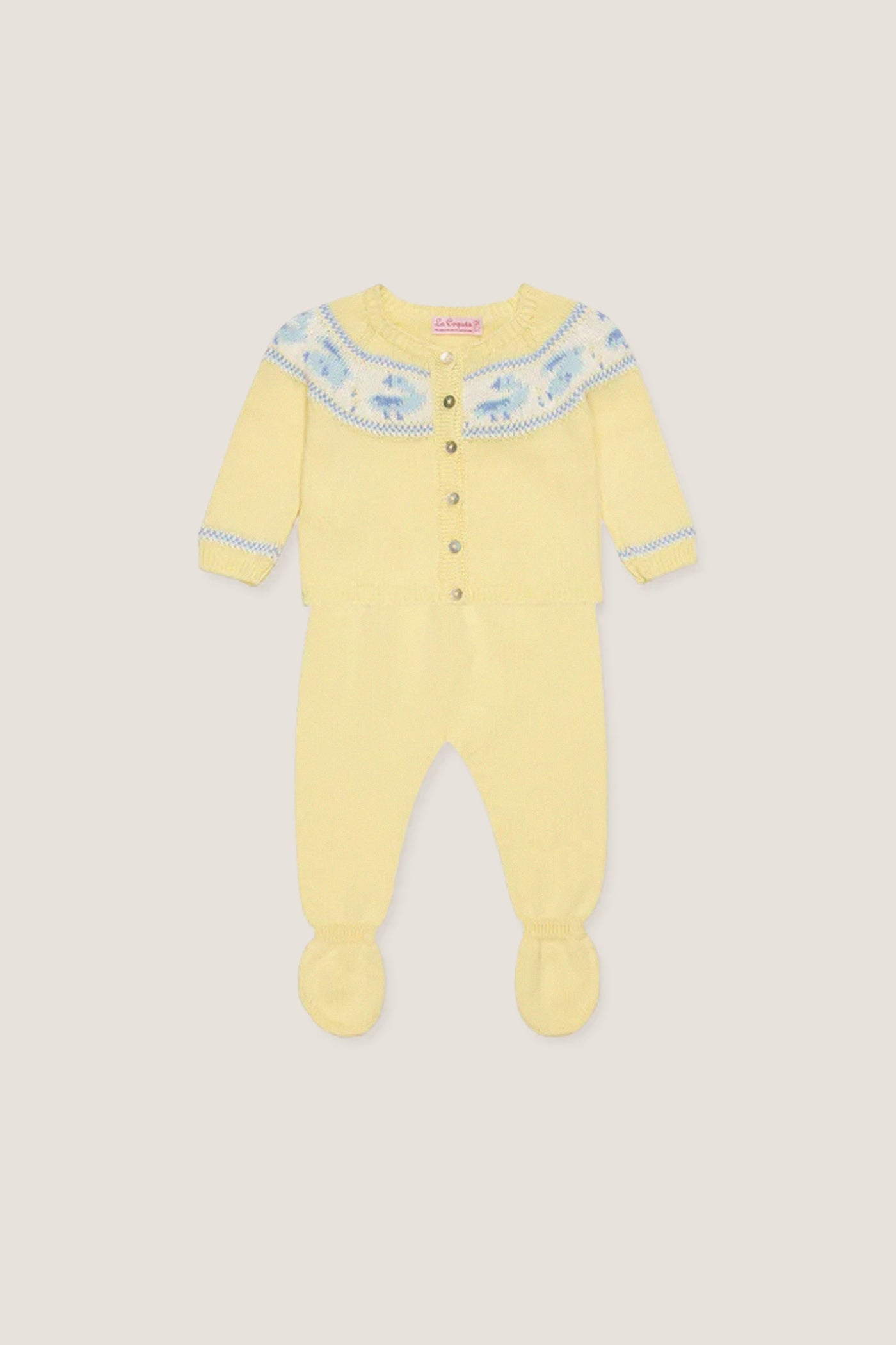 Lemon Kayra Cotton Baby Knitted Set: classic, effortless style with a fun Fair Isle cardigan and matching footed pants, offering high-end comfort and playful motifs.