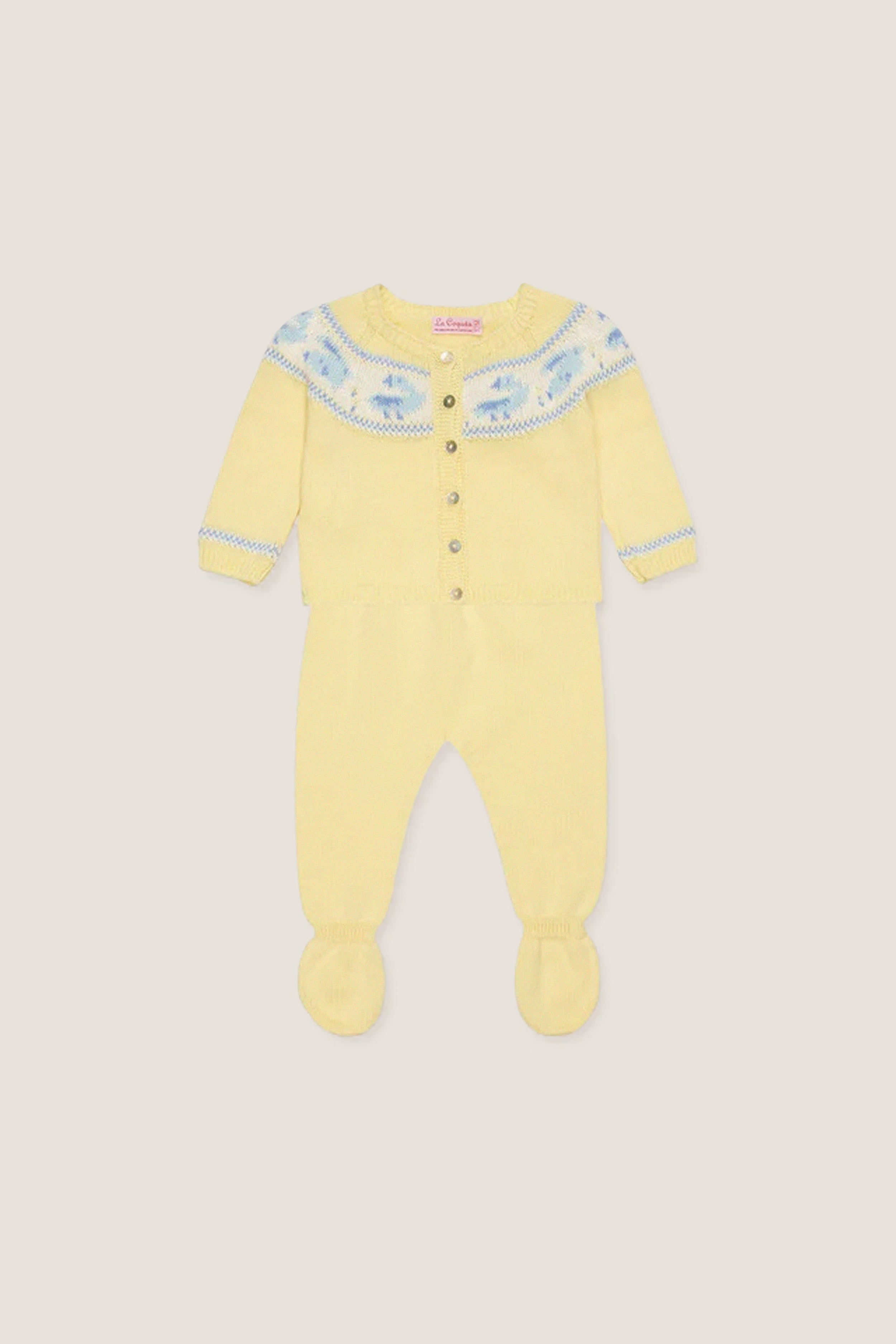 Lemon Kayra Cotton Baby Knitted Set: classic, effortless style with a fun Fair Isle cardigan and matching footed pants, offering high-end comfort and playful motifs.