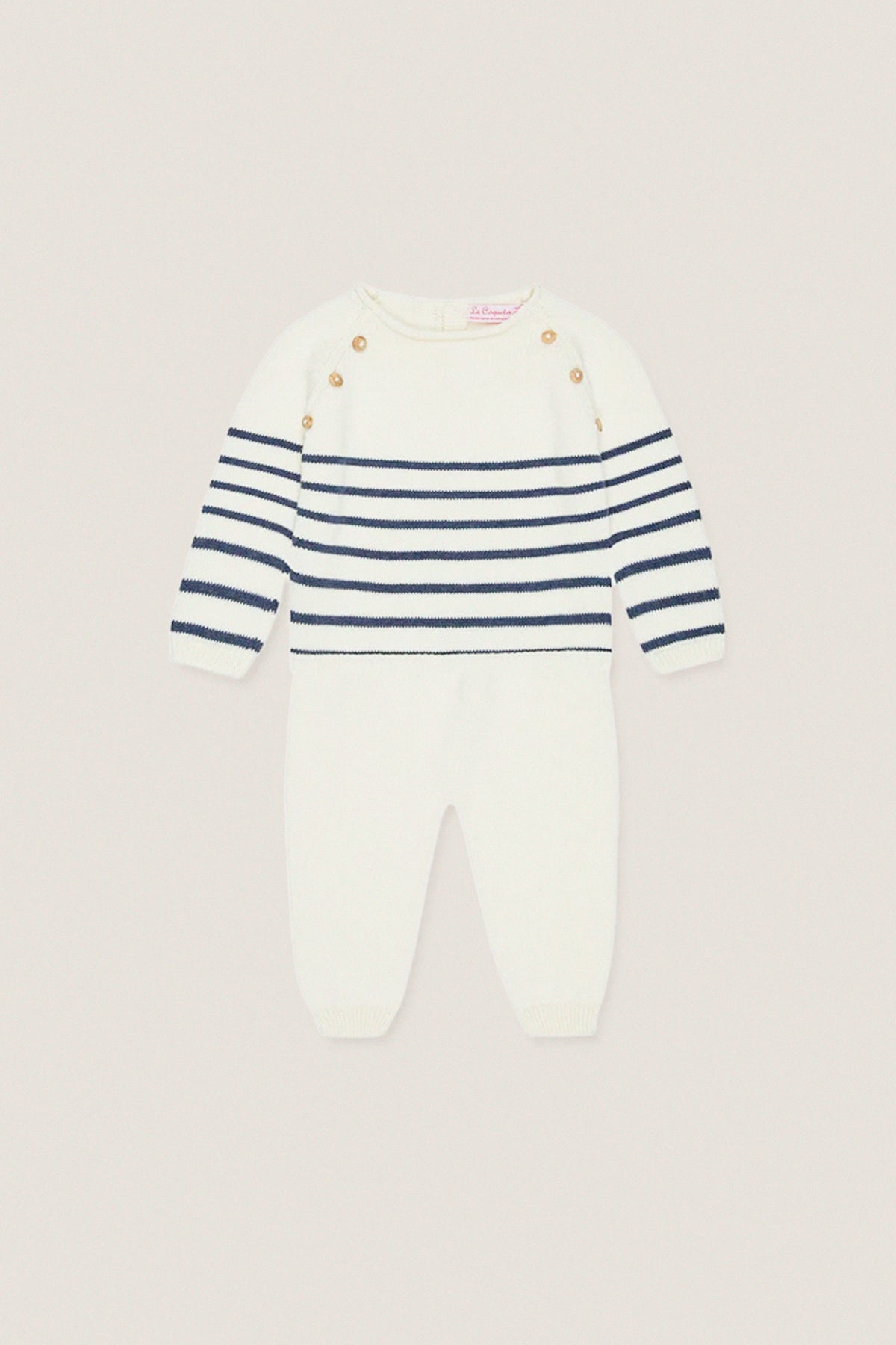 Navy Stripe Monda Cotton Baby Knitted Set: A classic, effortless romper with navy stripes, wooden buttons, and a boat-neck for fun, high-end all-season comfort.