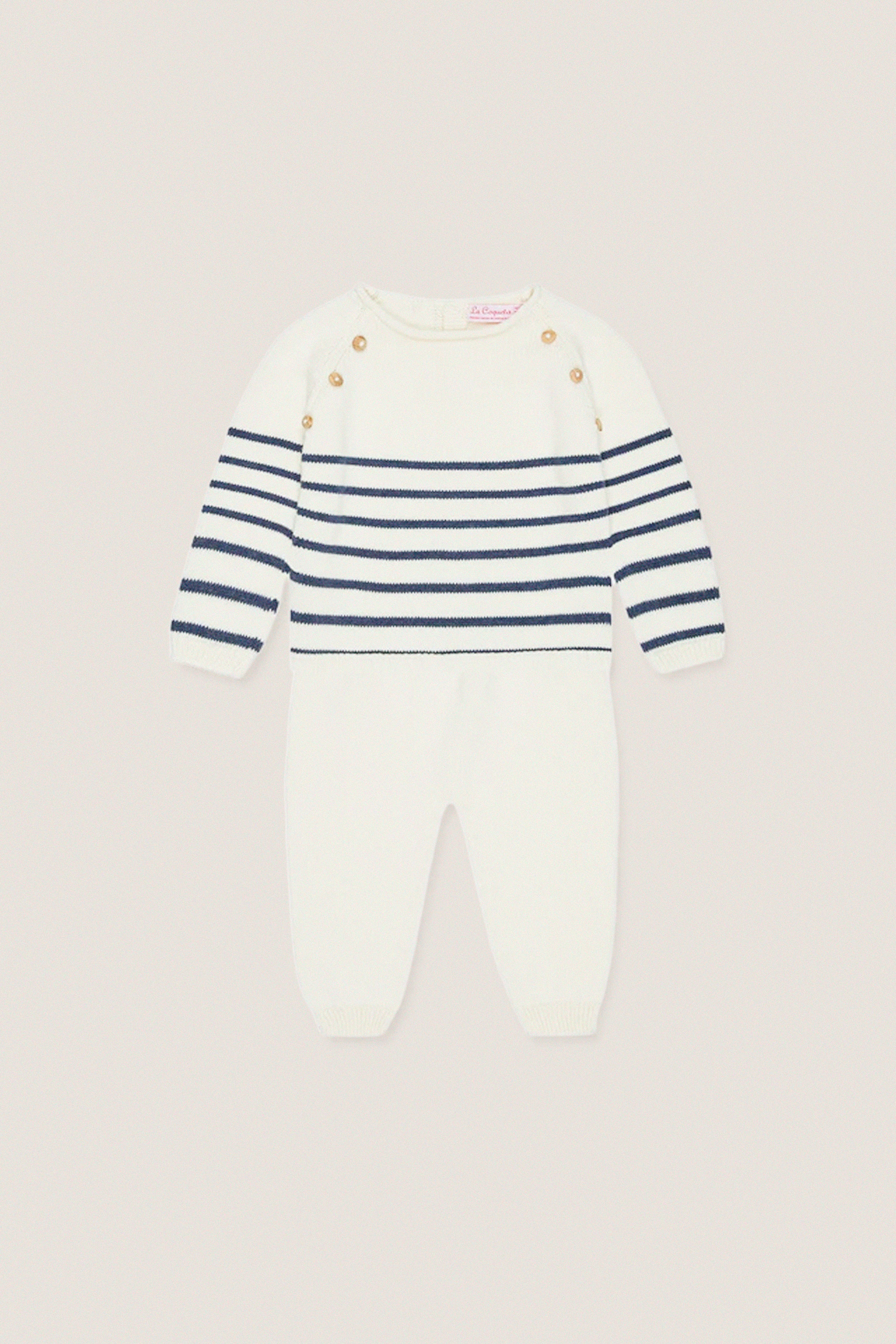 Navy Stripe Monda Cotton Baby Knitted Set: A classic, effortless romper with navy stripes, wooden buttons, and a boat-neck for fun, high-end all-season comfort.