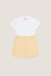 Yellow Gingham Oliver Baby Boy Set featuring a classic white polo-style top with mother-of-pearl buttons and fun gingham shorts, offering an effortless, high-end style for children.