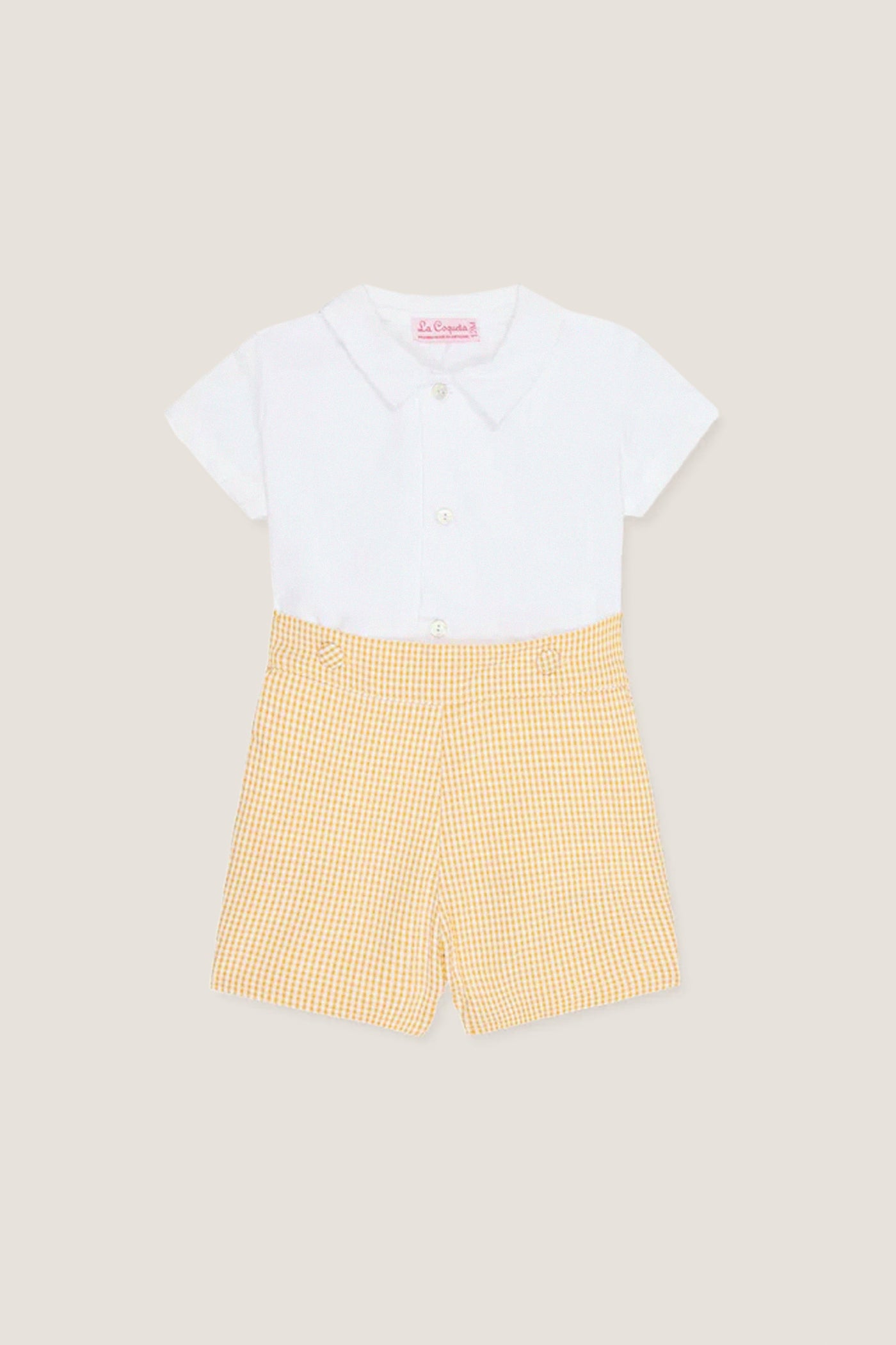Yellow Gingham Oliver Baby Boy Set featuring a classic white polo-style top with mother-of-pearl buttons and fun gingham shorts, offering an effortless, high-end style for children.