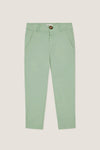 Sage Green Elio Chinos: Classic slim-fit trousers with an effortless style, featuring adjustable waist, slanted pockets, and slight stretch, perfect for everyday fun and high-end occasions.