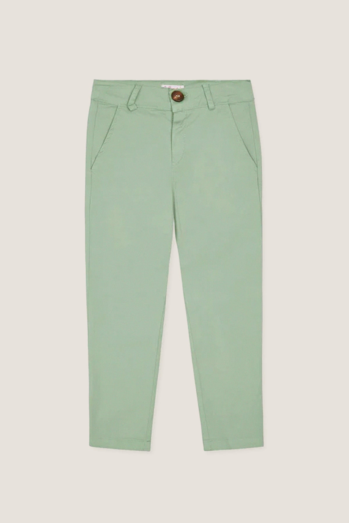 Sage Green Elio Chinos: Classic slim-fit trousers with an effortless style, featuring adjustable waist, slanted pockets, and slight stretch, perfect for everyday fun and high-end occasions.