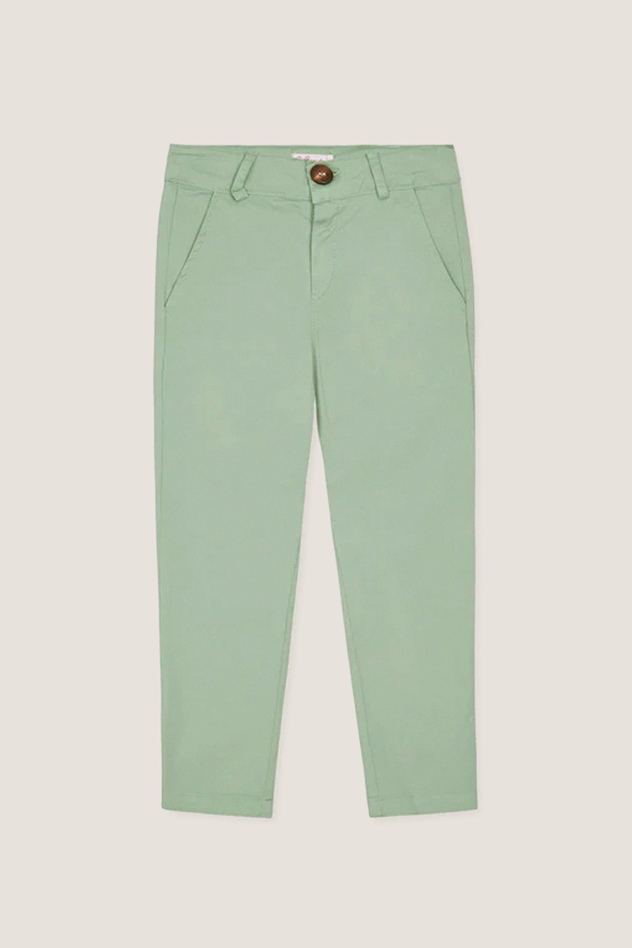 Sage Green Elio Chinos: Classic slim-fit trousers with an effortless style, featuring adjustable waist, slanted pockets, and slight stretch, perfect for everyday fun and high-end occasions.