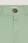 Close-up of Sage Green Elio Chinos waistband, showcasing classic button closure, belt loops, and tailored details for an effortless, high-end, and fun look.