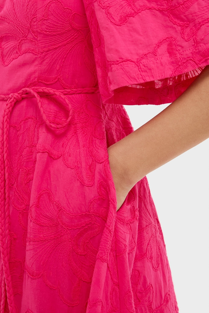 pink textured floral hillsborough midi dress Pink Floral Mesh Front Tie Cutout Midi Dress