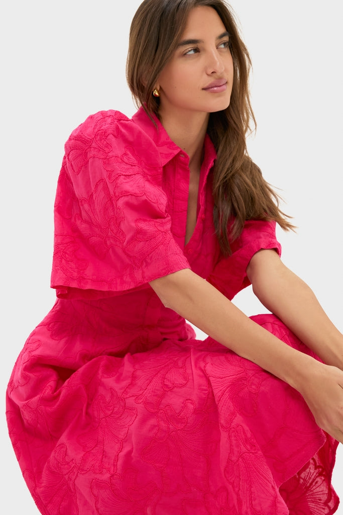 Pink Textured Floral Cindy Midi Dress