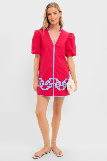 Red & Cornflower Blue Embroidered Arem Caftan