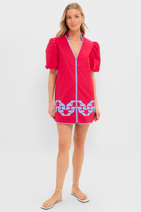 Red & Cornflower Blue Embroidered Arem Caftan