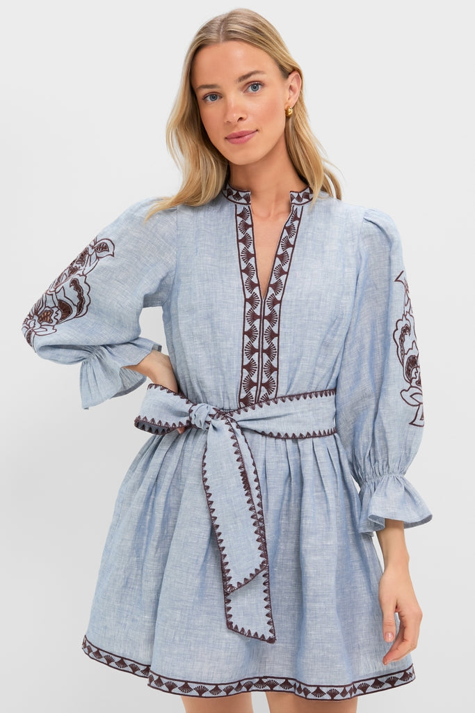 Hyacinth House Chambray Embroidered Dowling Mini Dress Chambray Embroidered / S