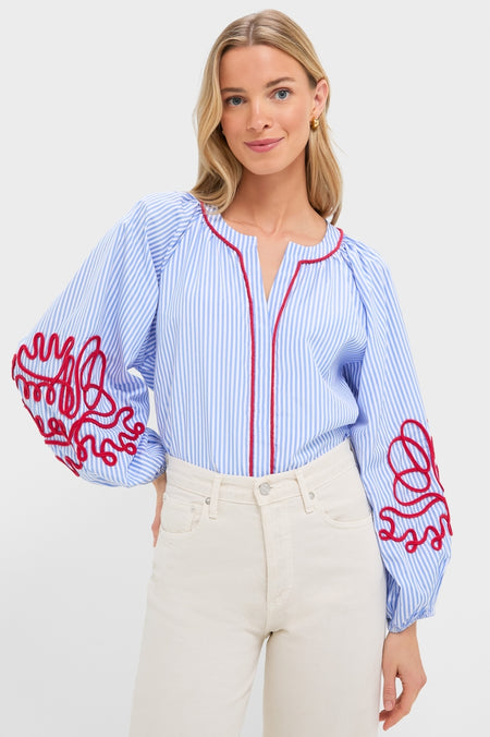 Blue Stripe & Red Soutache Stella Blouse