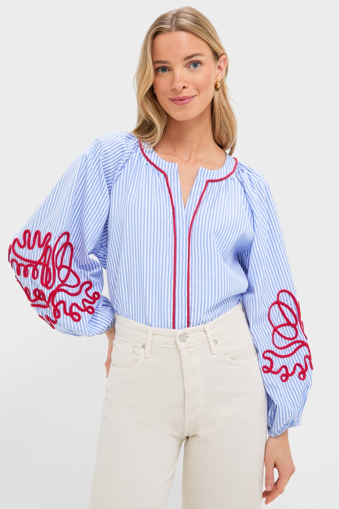 Blue Stripe & Red Soutache Stella Blouse | Hyacinth House | Tuckernuck