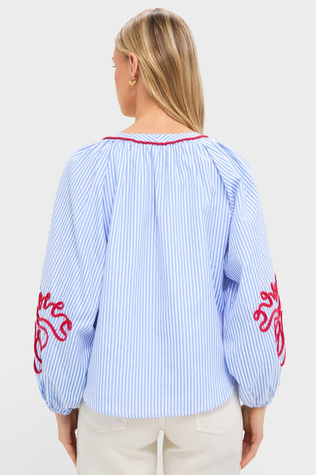 Blue Stripe & Red Soutache Stella Blouse